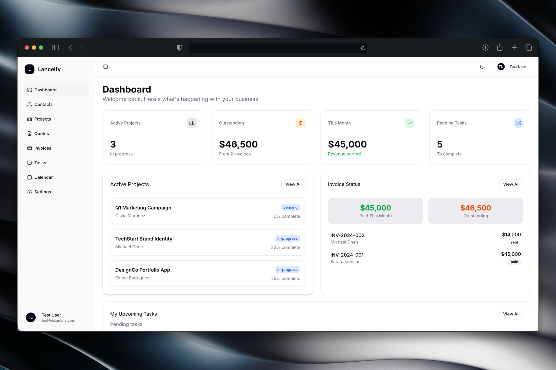 Lanceify CRM interface showing organized tasks and client management